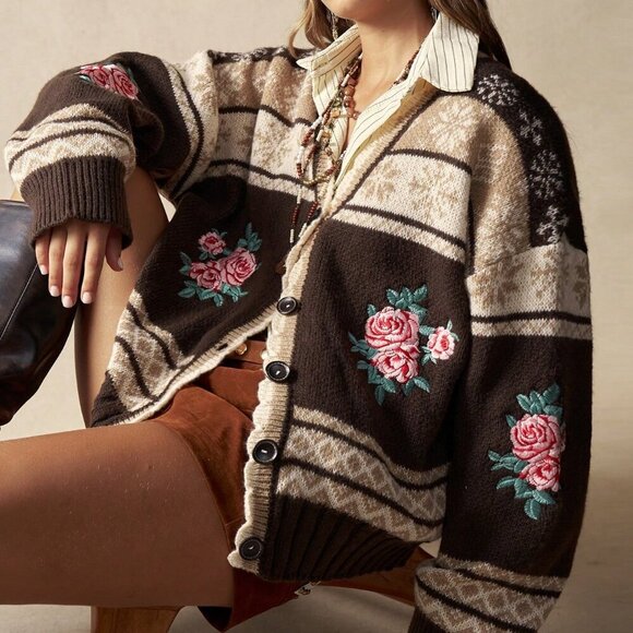 Sweaters - Mocha Brown Boho Women's Floral Embroidered Knit Jacquard Sweater Cardigan